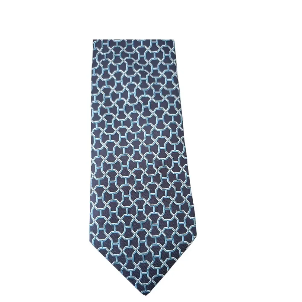 Vintage Hermès 100% Silk Men's Blue Tie With White & Blue Geometric Designs